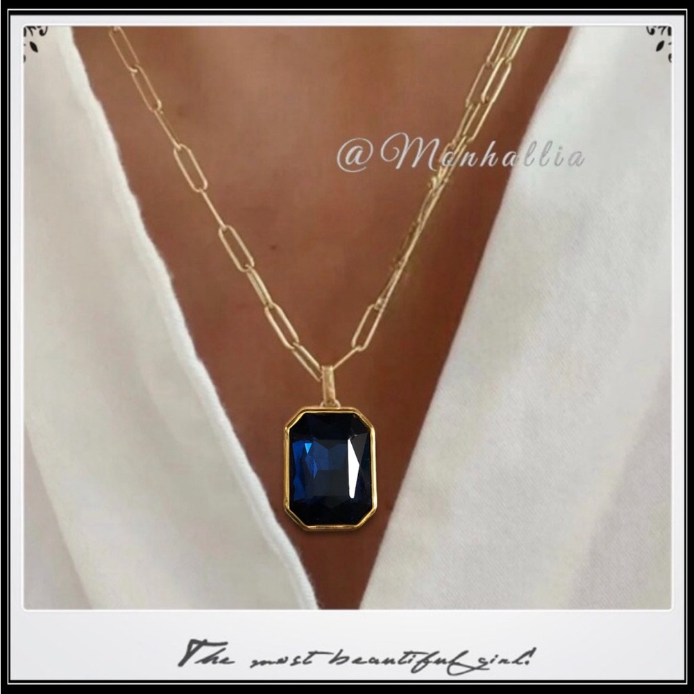 New Gold Deep Ocean Blue Emerald Cut Crystal Minimalist Necklace